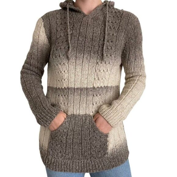 Vintage Womens Hand Knit Brown Cream Wool Striped Hoodie Sweatshirt Sweater Sz M - Picture 1 of 6